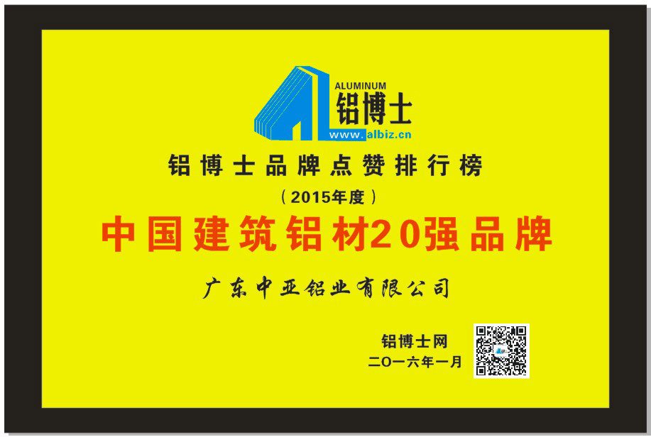 工業鋁型材定制開模榮譽證書-建筑鋁材20強品牌